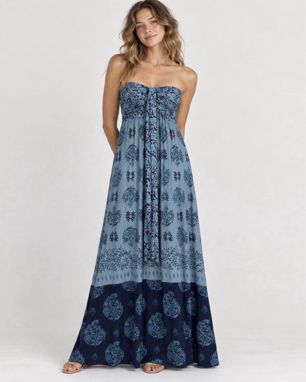 Soma NWT Strapless Blue Floral Border Print Maxi Dress Built In Bra Size M
